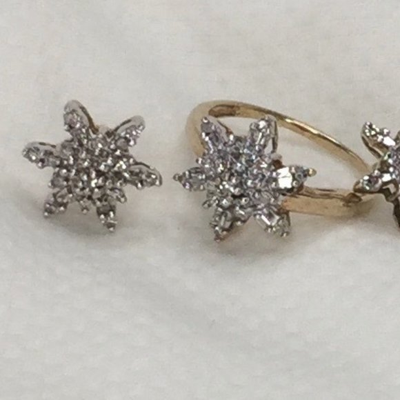 10k Diamond Ring/Earrings/Pendant Snowflake Set - Sz 5.5 - Great Winter Gift! - Picture 13 of 16